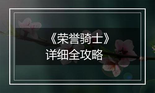 《荣誉骑士》详细全攻略